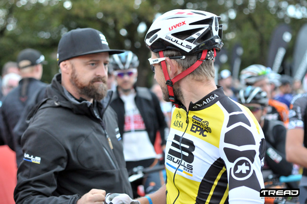 Karl Platt of Team Bulls is given a message of supprt from team soigner Vincent Durand on the start of stage 6 of the 2016 ABSA Cape Epic. Photo: Dino Lloyd