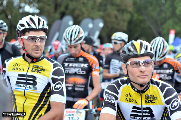 From left, Karl Platt and Urs Huber of Team Bulls on the start of stage 6 of the 2016 ABSA Cape Epic. Photo: Dino Lloyd