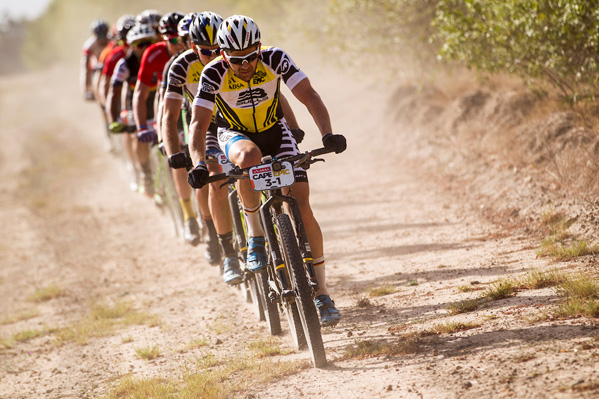 Karl Platt and Urs Huber of Team Bulls lead the bunch during stage 7 of the 2016 Absa Cape Epic. Photo: Nick Muzik/Cape Epic/SPORTZPICS