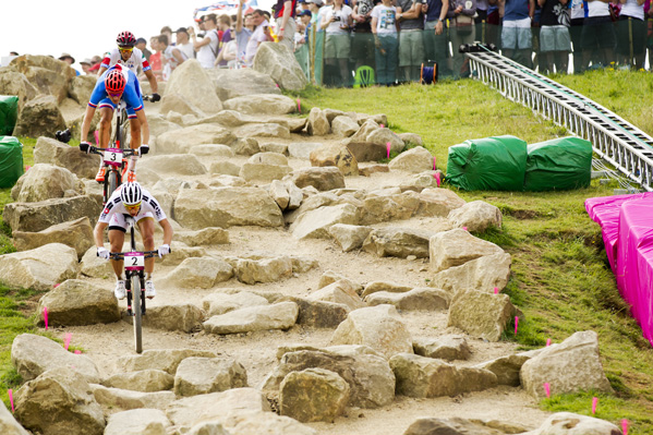 Eventual Medalists, Nino Schurter (silver) leads Jaroslav Kulhavy (gold) and Marco Fontana (bronze) down one of the rock garden sections. Photo: Gary Perkin / flipper