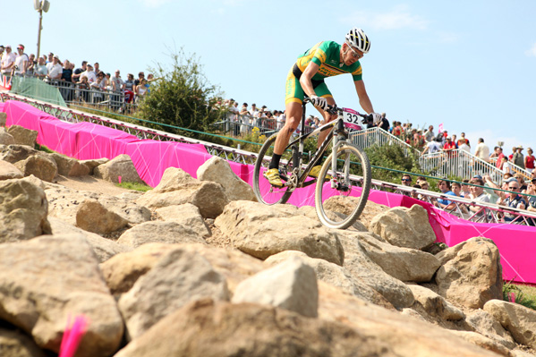 Phillip Buys descends one of the man made rock sections at Hadleigh Farm during the 2012 Olympic Games in London. Photo: Gary Perkin / flipper