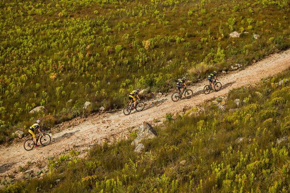 Lead riders with early break away of Kristian Hynek, Alban Lakata, Christoph Sauser & Jaroslav Kulhavy during stage 2 of the 2015 Absa Cape Epic Mountain Bike stage race held from Oak Valley Wine Estate in Elgin, South Africa on the 17 March 2015 Photo by Dominic Barnardt/Cape Epic/SPORTZPICS