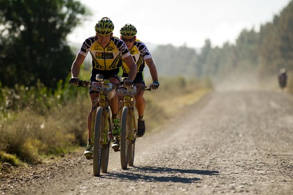 OAK VALLEY - Overall leaders Kristian Hynek & Robert Mennen of Topeak Ergon Racing during stage 5 of the 2014 Absa Cape Epic Mountain Bike stage race held from The Oak Estate in Greyton to Oak Valley Wine Estate in Elgin, South Africa on the 28 March 2014 Photo by Gary Perkin/Cape Epic/SPORTZPICS